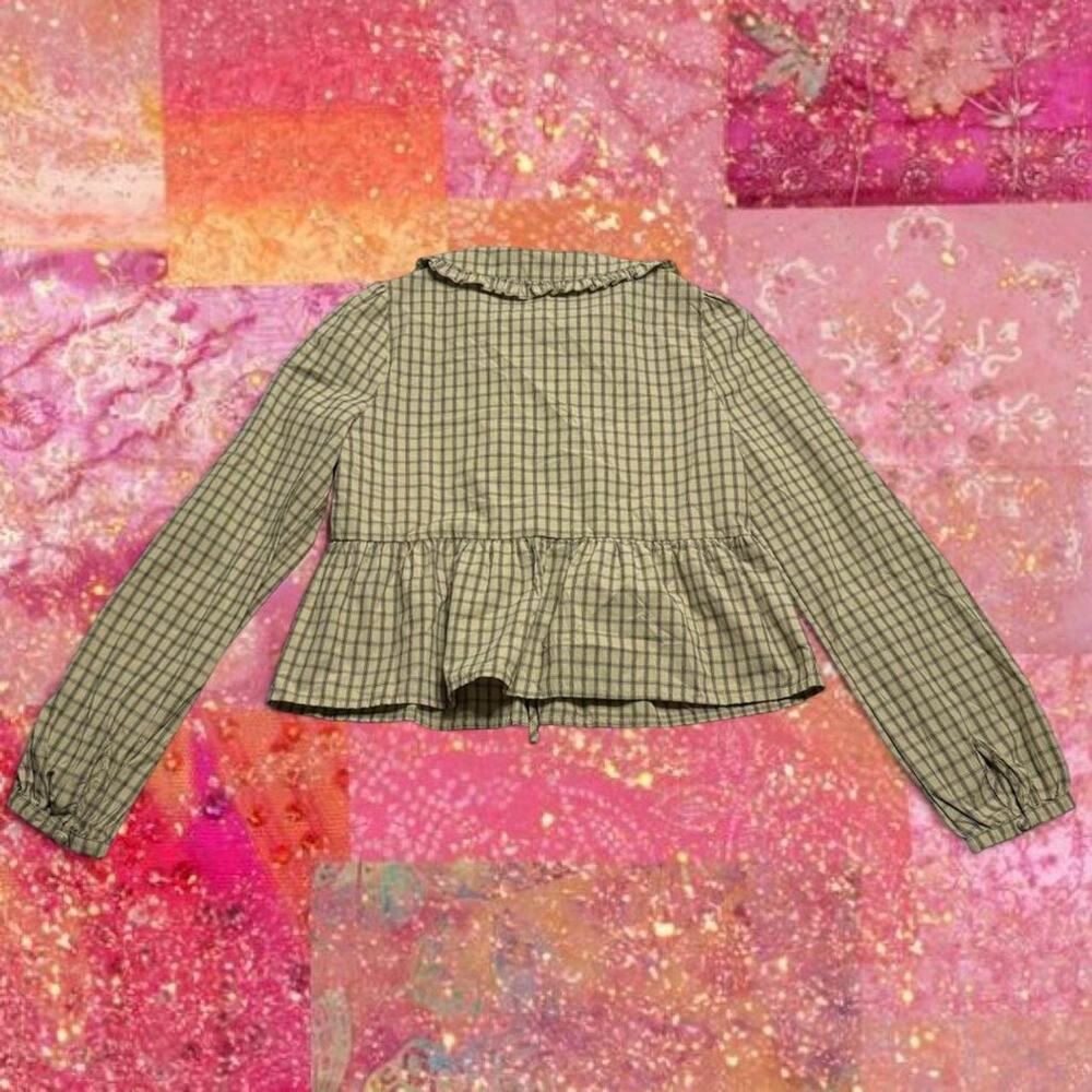 Bailey Rose brown plaid blouse with tie front and ruffle collar. Size M - Picture 6 of 6